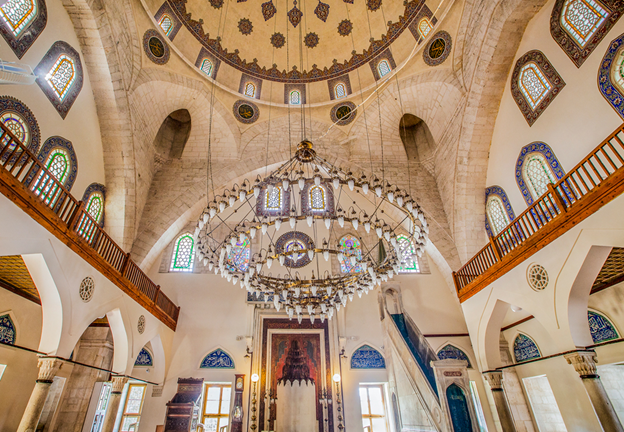 Architectural interior design of a mosque built in historical Ottoman-era, in Antalya, Turkey