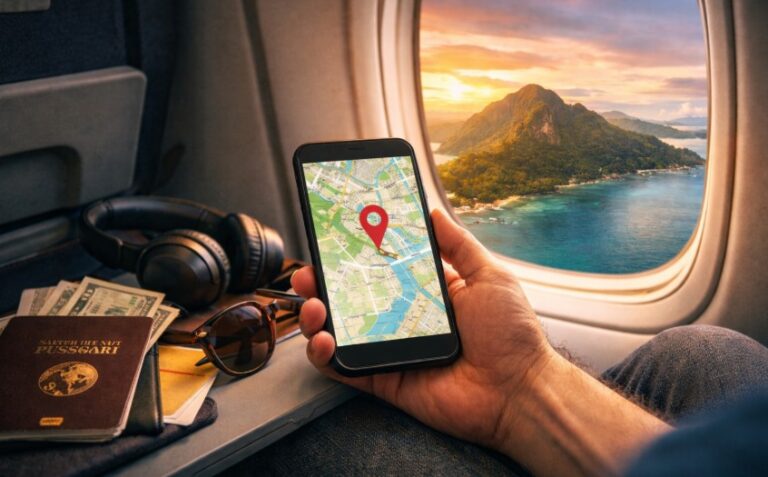 a traveller sitting by the plane window holding a phone with a map app